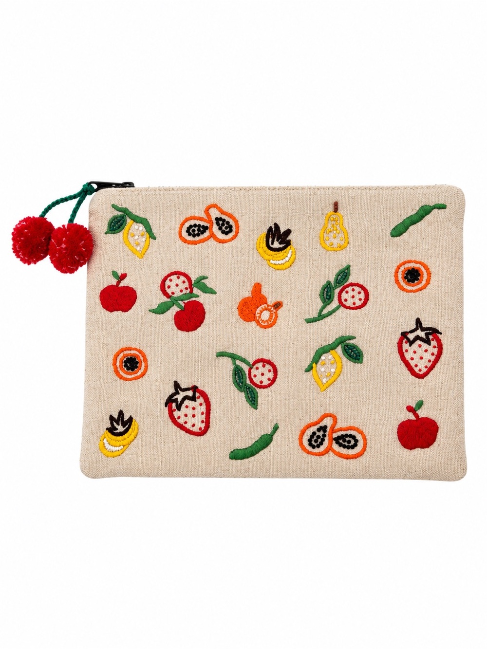 World Market Embroidered Fruit Zip Pouch Pom Pom Cherries Cosmetic Bag Small